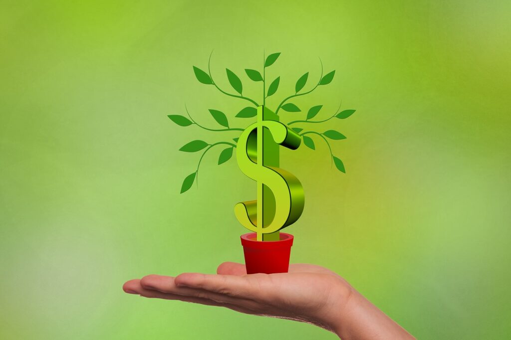  A hand holding a potted money tree with the text 'List of OJK-registered investment apps'.